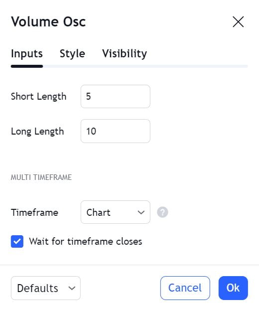 Volume Oscillator Setup Settings