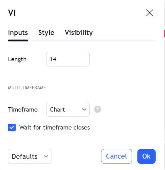 Vortex Indicator Settings